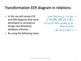 Transformation EER diagram in relations:
• In this we will convert ER
and EER diagrams that were
developed in conceptual
design into Relational
database schemas.
• By using the following steps:
•‫نمودن‬ ‫تبدیل‬ ‫پروسه‬ ‫از‬ ‫عبارت‬
‫های‬ ‫دیاگرام‬ER‫و‬EER(‫در‬ ‫که‬
‫بود‬ ‫شده‬ ‫ساخته‬ ‫مفهومی‬ ‫دیزاین‬)‫ب‬‫ه‬
‫میباشد‬ ‫ها‬ ‫جدول‬.
•‫ذیل‬ ‫مراحل‬ ‫استفاده‬ ‫با‬:
Computer Science Faculty, Database1 3
 
