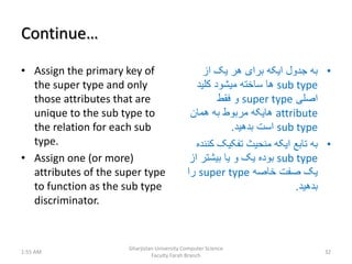 Continue…
• Assign the primary key of
the super type and only
those attributes that are
unique to the sub type to
the relation for each sub
type.
• Assign one (or more)
attributes of the super type
to function as the sub type
discriminator.
•‫از‬ ‫یک‬ ‫هر‬ ‫برای‬ ‫ایکه‬ ‫جدول‬ ‫به‬
sub type‫کلید‬ ‫میشود‬ ‫ساخته‬ ‫ها‬
‫اصلی‬super type‫فقط‬ ‫و‬
attribute‫همان‬ ‫به‬ ‫مربوط‬ ‫هایکه‬
sub type‫بدهید‬ ‫است‬.
•‫ک‬ ‫تفکیک‬ ‫منحیث‬ ‫ایکه‬ ‫تابع‬ ‫به‬‫ننده‬
sub type‫ا‬ ‫بیشتر‬ ‫یا‬ ‫و‬ ‫یک‬ ‫بوده‬‫ز‬
‫خاصه‬ ‫صفت‬ ‫یک‬super type‫را‬
‫بدهید‬.
1:55 AM
Gharjistan University Computer Science
Faculty Farah Branch
32
 