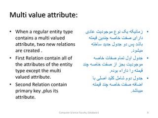Multi value attribute:
• When a regular entity type
contains a multi valued
attribute, two new relations
are created .
• First Relation contain all of
the attributes of the entity
type except the multi
valued attribute.
• Second Relation contain
primary key ,plus its
attribute.
•‫عادی‬ ‫موجودیت‬ ‫نوع‬ ‫یک‬ ‫زمانیکه‬
‫قیمته‬ ‫چندین‬ ‫خاصه‬ ‫صفت‬ ‫دارای‬
‫ساخته‬ ‫جدید‬ ‫جدول‬ ‫دو‬ ‫پس‬ ‫باشد‬
‫میشود‬.
•‫خاصه‬ ‫صفات‬ ‫تمام‬ ‫اول‬ ‫جدول‬
‫چن‬ ‫خاصه‬ ‫صفت‬ ‫از‬ ‫بجز‬ ‫موجودیت‬‫د‬
‫بوده‬ ‫داراء‬ ‫را‬ ‫قیمته‬.
•‫با‬ ‫اصلی‬ ‫کلید‬ ‫شامل‬ ‫دوم‬ ‫جدول‬
‫قیمته‬ ‫چند‬ ‫خاصه‬ ‫صفت‬ ‫اضافه‬
‫میباشد‬.
Computer Science Faculty, Database1 8
 