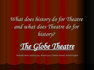 What does history do for Theatre and what does Theatre do for history? The Globe Theatre Michaella Smith, Kathryn Gray, Hannah Gray, Charlotte Durnell, Michelle English 