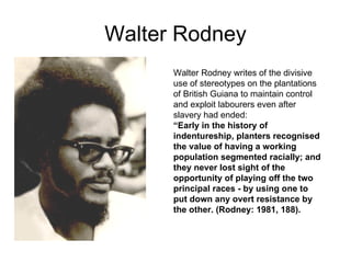 Walter Rodney Walter Rodney writes of the divisive use of stereotypes on the plantations of British Guiana to maintain control and exploit labourers even after slavery had ended: “ Early in the history of indentureship, planters recognised the value of having a working population segmented racially; and they never lost sight of the opportunity of playing off the two principal races - by using one to put down any overt resistance by the other. (Rodney: 1981, 188). 