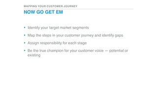 MAPPING YOUR CUSTOMER JOURNEY
NOW GO GET EM
▸ Identify your target market segments
▸ Map the steps in your customer journey and identify gaps
▸ Assign responsibility for each stage
▸ Be the true champion for your customer voice — potential or
existing
 
