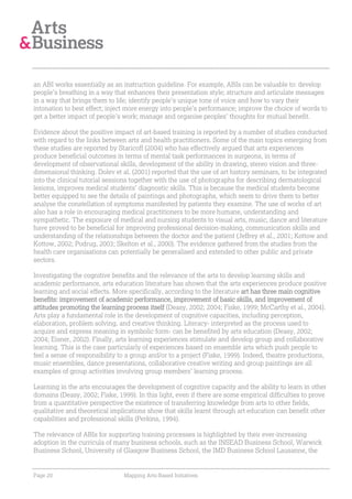 an ABI works essentially as an instruction guideline. For example, ABIs can be valuable to: develop
people’s breathing in a way that enhances their presentation style; structure and articulate messages
in a way that brings them to life; identify people’s unique tone of voice and how to vary their
intonation to best effect; inject more energy into people’s performance; improve the choice of words to
get a better impact of people’s work; manage and organise peoples’ thoughts for mutual benefit.

Evidence about the positive impact of art-based training is reported by a number of studies conducted
with regard to the links between arts and health practitioners. Some of the main topics emerging from
these studies are reported by Staricoff (2004) who has effectively argued that arts experiences
produce beneficial outcomes in terms of mental task performances in surgeons, in terms of
development of observational skills, development of the ability in drawing, stereo vision and three-
dimensional thinking. Dolev et al. (2001) reported that the use of art history seminars, to be integrated
into the clinical tutorial sessions together with the use of photographs for describing dermatological
lesions, improves medical students’ diagnostic skills. This is because the medical students become
better equipped to see the details of paintings and photographs, which seem to drive them to better
analyse the constellation of symptoms manifested by patients they examine. The use of works of art
also has a role in encouraging medical practitioners to be more humane, understanding and
sympathetic. The exposure of medical and nursing students to visual arts, music, dance and literature
have proved to be beneficial for improving professional decision-making, communication skills and
understanding of the relationships between the doctor and the patient (Jeffrey et al., 2001; Kottow and
Kottow, 2002; Podrug, 2003; Skelton et al., 2000). The evidence gathered from the studies from the
health care organisations can potentially be generalised and extended to other public and private
sectors.

Investigating the cognitive benefits and the relevance of the arts to develop learning skills and
academic performance, arts education literature has shown that the arts experiences produce positive
learning and social effects. More specifically, according to the literature art has three main cognitive
benefits: improvement of academic performance, improvement of basic skills, and improvement of
attitudes promoting the learning process itself (Deasy, 2002; 2004; Fiske, 1999; McCarthy et al., 2004).
Arts play a fundamental role in the development of cognitive capacities, including perception,
elaboration, problem solving, and creative thinking. Literacy- interpreted as the process used to
acquire and express meaning in symbolic form- can be benefited by arts education (Deasy, 2002;
2004; Eisner, 2002). Finally, arts learning experiences stimulate and develop group and collaborative
learning. This is the case particularly of experiences based on ensemble arts which push people to
feel a sense of responsibility to a group and/or to a project (Fiske, 1999). Indeed, theatre productions,
music ensembles, dance presentations, collaborative creative writing and group paintings are all
examples of group activities involving group members’ learning process.

Learning in the arts encourages the development of cognitive capacity and the ability to learn in other
domains (Deasy, 2002; Fiske, 1999). In this light, even if there are some empirical difficulties to prove
from a quantitative perspective the existence of transferring knowledge from arts to other fields,
qualitative and theoretical implications show that skills learnt through art education can benefit other
capabilities and professional skills (Perkins, 1994).

The relevance of ABIs for supporting training processes is highlighted by their ever-increasing
adoption in the curricula of many business schools, such as the INSEAD Business School, Warwick
Business School, University of Glasgow Business School, the IMD Business School Lausanne, the


Page 20                         Mapping Arts-Based Initiatives
 