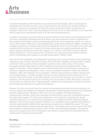 to position themselves at the intersection of commerce and arts (Bangle, 2001). Increasingly the
competitiveness and the economic value of many products and services are strongly related to a
company’s capacity to incorporate into these the quality and features which characterise and
underpin works of art. From a business perspective the idea is not to create artworks, but to infuse the
artful energy which distinguishes works of art into their products/services.

A number of examples can be provided from diverse industries. For instance car manufacturers such
as Ferrari, Lamborghini, Maserati and Aston Martin, pay great attention to artistic components of
their products from design to colour-and-materials and to any other components, which as a work of
art can affect clients’ experiences. Chris Bangle (2001), global chief of design for BMW, considers his
company’s products as “moving works of art that express the driver’s love of quality” (p.48, 2001) and
considers his job as director to oversee 220 artists, mediating the corporate pragmatism and the
artistic passion and mind-sets within the company. On a similar note, Robert Lutz from General
Motors pointed out: “I see us being in the art business. Art, entertainment and mobile sculpture,
which, coincidentally, also happens to provide transportation” (Hakim, 2004).

Arts can also be considered as a fundamental component of the success of Italian home-furnishings
companies, such as Alessi, Artemide, Cassina, Flos, B&B Italia, Cappellini and many others. Indeed,
at the heart of the success of these companies’ products is their artistic nature. The products
leveraging aesthetic dimensions are able to interpret and communicate emotional states, which
appeal to consumers. These products can be considered the result of a free-floating community of
architects, suppliers, photographers, critics, curators, publishers, designers, artists and craftsmen
(Verganti, 2006), who implicitly use art principles, contents and processes as media to develop new
and existing products. A further example of the use of arts to develop products and services is of
Unilever’s Innovation Center, where Sean Gogarty, the head of the business unit, brought in a poet-in-
residence, with the goal of spurring the creativity of his group (Darsø, 2004). Bringing in a poet and
using words as a powerful way to expand people’s viewpoint was recognised as a means to develop
new thinking and approaches to product development.

However, the arts can not only drive the creation of new products and services for the end user, but
can also support the tangible and intangible development of organisational infrastructure components
useful for organisations’ operations. This is the case, for example, of McKann Erickson, a
communication company, which was interested to communicate a new way of information sharing
throughout the company. For this reason tradesecrets were involved in organising the annual
company conference in an innovative and imaginative way, different from the traditional adopted
approach. They set the annual company conference in a constantly evolving garden with aspects of
creativity represented by different key inspirational characters that inhabited the space. This was
aimed to help stimulate change within the organisation. The garden grew over the course of the three
day conference, representing key aspects of the creative and challenging delegates. Through this
process the company built and still maintain a very effective intranet structure that allows them to
communicate creatively across the globe.


Bonding

The main goal is to create a relational capital and a common ground for conversation and
collaboration.


Page 23                        Mapping Arts-Based Initiatives
 