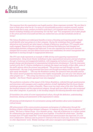 The response from the organisation was hugely positive. Some responses included: “No one likes to
have to think about what we do. It is quite an uncomfortable process to analyse yourself; analyse
other people that is easy, analyse yourself is quite hard; a lot of people went away from the forum
theatre workshop thinking and commenting ‘do I do that’’ and “You recognised a lot of other people
in the actors and even of yourself and then you realise how you can face somebody and be so
wrong”.

The Values Roadshow provided great benefits in terms of bonding and inspiring people. People
could identify what was going on in their company. During the workshops they could suggest
alternatives and instantly see what impact a change of behaviour would have. ITV’s people were
really engaged. Reports from the company have confirmed that behaviour had changed and
relationships between colleagues had improved. It was also reported that some quite dramatic
changes had occurred, and once behavioural norms were established, the senior management felt
legitimate in reacting strongly to inappropriate behaviour.

The ITV case study represents an example of ABIs driving and supporting organisational
transformation. Using forum theatre workshops to play organisational scenarios and real situations
through a humorous and exaggerated platform, with engaging and inclusive acting, ITV enabled
people change and development of organisational infrastructure development. From the interviews
carried out by the Ci: Creative intelligence to evaluate the impact and quality of their ABIs, some of
the staff’s opinion about the process was gathered: “The process was well-thought out and
implemented – the way it was presented was funny and thought-provoking and the character-types
were easily identifiable.”... “The way the Roadshow worked, the scenarios were plausible and fun.
The values weren’t pushed but characters were highly recognisable, you saw your own failures and
other people’s too.”... “The acting was hilarious and very inclusive. Everyone talked about stuff
together – the Forum Theatre approach was very engaging”.

The qualitative evaluation of the impact of the Values Roadshow, collected through questionnaires
and interviews with managers and a random selection of staff, highlighted that the forum theatre
workshops generated a number of benefits. These cover two main areas of the Arts Value Matrix:
the bonding category and the inspirational category, though spill-over effects were also recognised
from other categories. In particular, in the bonding category the following benefits were reported:

(I) translation into action of a new organisational culture, through the definition, understanding,
awareness, sharing and assessment of the organisation’s values;

(II) opening and development of a conversation among staff members about some fundamental
cultural issues;

(III) enhancement of the communication processes and progress of collaboration through the
building of better relationships between colleagues. In response to this, one of the managers at ITV
stated, “We have a Values Group - It’s a fantastic group – they talk of behaviour in a values context.
So collaboration has improved, people work more together. It touched the whole team.” Another
manager from ITV sales stated that “Cross-departmental communication has improved, it’s a lot
more collaborative. External came to present to Internal at the end of last year, there’s more training
on other departments’ work. Weekly meetings with senior managers were triggered by the


Page 28                        Mapping Arts-Based Initiatives
 