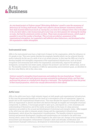 An arts-based project at Unilever named ‘Stimulating Reflection’ aimed to raise the awareness of
behaviours by tracking staff moods. People were asked to choose between statements related to
their daily business behaviours (such as: having fun; you have let a colleague down; this is the place
to be; you have taken a risk; bureaucracy got in your way; you have passion for winning) by landing
on mats, that had the statements written on them. These mats incorporated sensors, which made it
possible to record the number of landings. This not only provided an assessment of the
organisational atmosphere, but supported a self-reflection about behaviours, and developed within
the organisation a better atmosphere.




Instrumental zone

ABIs in the instrumental zone have a high level of impact on the organisation, while the influence on
it’s people is low. This zone mainly denotes the pragmatic benefits which can be achieved directly
and/or indirectly by the use of a work of art or an artistic process. In this case the ABIs are a tool to
develop tangible and intangible components of the organisational infrastructure, such as brand
recognition and awareness both within the organisation and externally, improve the settings of
workplaces, increase the real estate assets, enhance the products’ and services’ added value, and so
on. The benefits related to the adoption of ABIs for sponsorship and investment goals, as identified in
the Arts value Matrix, fall in this value zone.



Unilever wanted to strengthen brand awareness and celebrate the new brand phrase ‘Vitality’.
People were first involved with physical exercises animated by professional artists, and then they
performed the phrase on a football pitch filmed by a helicopter. This highlighted for them the power
of their brand proposition, which was visually demonstrated to their clients.




Artful zone

ABIs in the artful zone have a high intensity impact on both people and organisational infrastructure.
In this zone the generated benefits are the result of a convergence of the art experiences’ impact on
people and on the organisational infrastructure. This zone denotes the impacts of those ABIs which
allow an organisation to absorb and show arts features through its tangible and intangible structural
components. In addition, it encourages people to open up to, and expand on, a new awareness and
understanding of themselves and of the reality around them on the basis of a deep personal
experience grounded on the arousal and development of emotional and energetic states. ABIs mapped
in the artful zone are able to integrate people change and the organisation’s infrastructure
development, which drives the organisation’s transformation. The benefits related to environment,
training and personal development, bonding and transformation are included in the artful zone.
Among others, some of the effects of ABIs mapped in the artful zone are: change in the organisational
environment and atmosphere; enhancement of people’s skills and attitudes; modification and
improvement of people’s behaviours; development of relationships and of a networking approach;

Page 34                         Mapping Arts-Based Initiatives
 