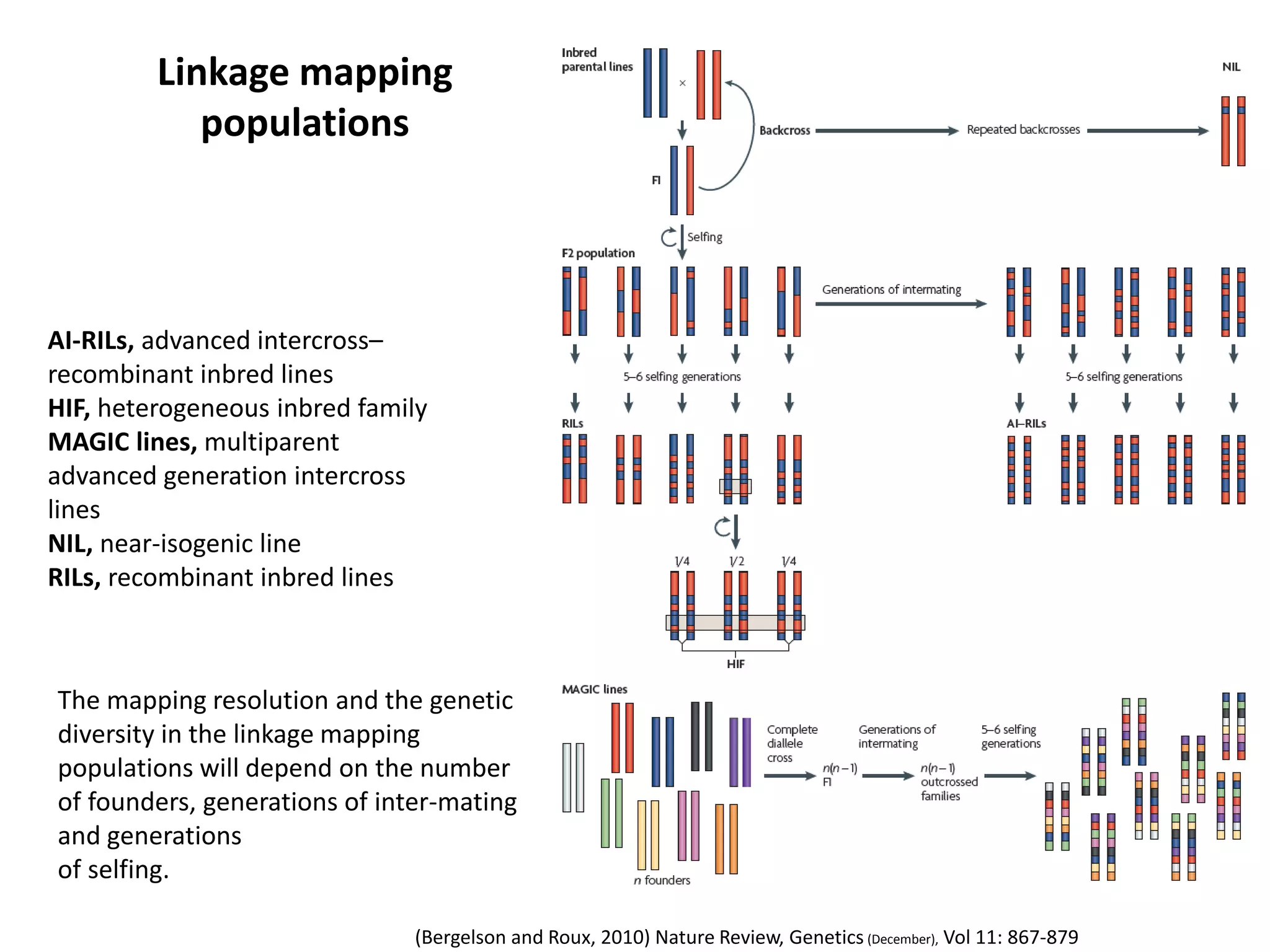 Linkage mapping
populations
The mapping resolution and the genetic
diversity in the linkage mapping
populations will depend on the number
of founders, generations of inter-mating
and generations
of selfing.
AI-RILs, advanced intercross–
recombinant inbred lines
HIF, heterogeneous inbred family
MAGIC lines, multiparent
advanced generation intercross
lines
NIL, near-isogenic line
RILs, recombinant inbred lines
(Bergelson and Roux, 2010) Nature Review, Genetics (December), Vol 11: 867-879
 