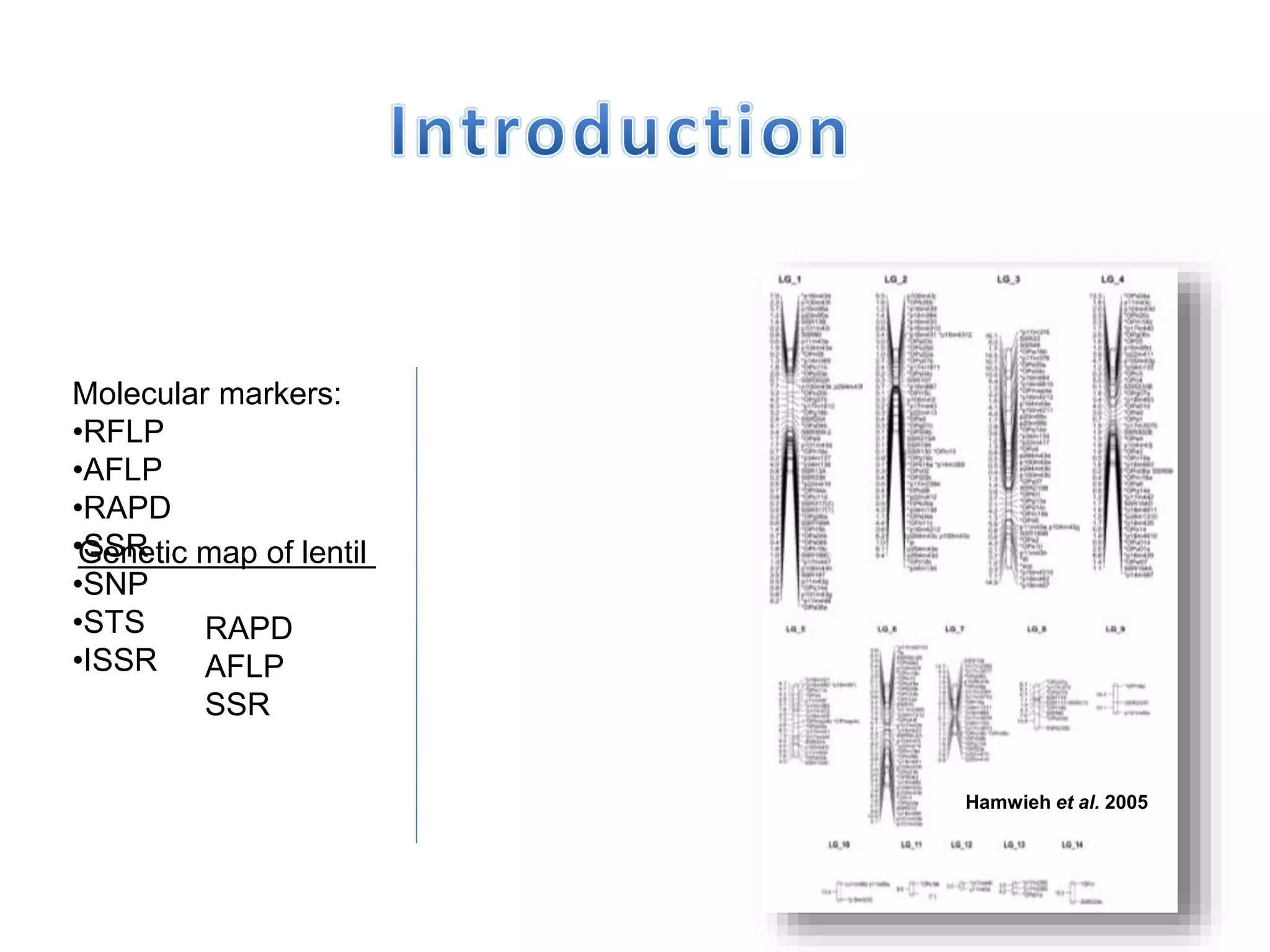 Hamwieh et al. 2005
Molecular markers:
•RFLP
•AFLP
•RAPD
•SSR
•SNP
•STS
•ISSR
Genetic map of lentil
RAPD
AFLP
SSR
 