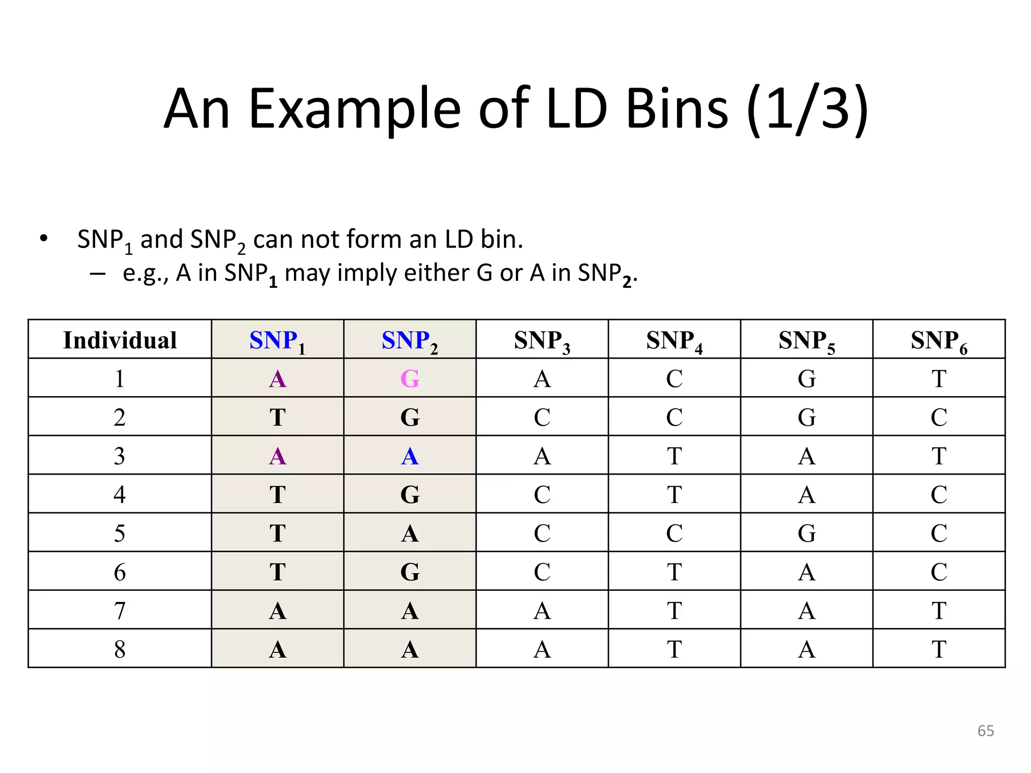 65
An Example of LD Bins (1/3)
• SNP1 and SNP2 can not form an LD bin.
– e.g., A in SNP1 may imply either G or A in SNP2.
Individual SNP1 SNP2 SNP3 SNP4 SNP5 SNP6
1 A G A C G T
2 T G C C G C
3 A A A T A T
4 T G C T A C
5 T A C C G C
6 T G C T A C
7 A A A T A T
8 A A A T A T
 