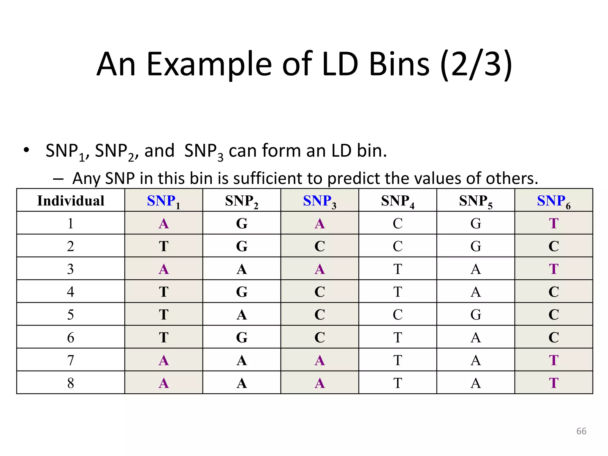 66
An Example of LD Bins (2/3)
• SNP1, SNP2, and SNP3 can form an LD bin.
– Any SNP in this bin is sufficient to predict the values of others.
Individual SNP1 SNP2 SNP3 SNP4 SNP5 SNP6
1 A G A C G T
2 T G C C G C
3 A A A T A T
4 T G C T A C
5 T A C C G C
6 T G C T A C
7 A A A T A T
8 A A A T A T
 