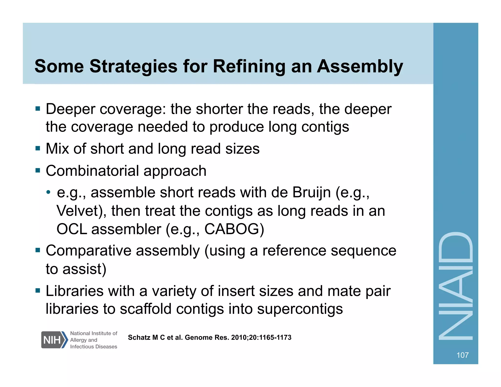 Some Strategies for Refining an Assembly
§  Deeper coverage: the shorter the reads, the deeper
the coverage needed to produce long contigs
§  Mix of short and long read sizes
§  Combinatorial approach
•  e.g., assemble short reads with de Bruijn (e.g.,
Velvet), then treat the contigs as long reads in an
OCL assembler (e.g., CABOG)
§  Comparative assembly (using a reference sequence
to assist)
§  Libraries with a variety of insert sizes and mate pair
libraries to scaffold contigs into supercontigs
107
Schatz M C et al. Genome Res. 2010;20:1165-1173
 