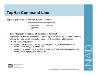 TopHat Command Line
116
tophat [options]* <index_base> <reads>
•  See “TopHat” Section of Exercise Handout
•  Copy/Paste these commands, waiting for each to finish before
going to the next (should take ~1-2 minutes altogether):
§  cd ~/rnaseq_upenn
§  tophat -o wbc -p 2 -G hg19_chr6_refFlat_noRandomHapUn.gtf
index/chr6 wbc_aln.fastq.gz
§  tophat -o lymph -p 2 -G hg19_chr6_refFlat_noRandomHapUn.gtf
index/chr6 lymph_aln.fastq.gz
Fastq fileIndex name
(genome)
http://tophat.cbcb.umd.edu/manual.html
 