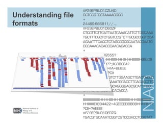 Understanding file
formats
@F29EPBU01CZU4O
GCTCCGTCGTAAAAGGGG
+
24469:666811//..,,
@F29EPBU01D60ZF
CTCGTTCTTGATTAATGAAACATTCTTGGCAAA
TGCTTTCGCTCTGGTCCGTCTTGCGCCGGTCCA
AGAATTTCACCTCTAGCGGCGCAATACGAATG
CCCAAACACACCCAACACACCA
+
G???HHIIIIIIIIIBG555?
=IIIIIIIIHHGHHIHHHIIIIIIHHHIIHHHIIIIIIIIIH99;;CB
BCCEI???DEIIIIII??;;;IIGDBCEA?
9944215BB@>>@A=BEIEEE
@F29EPBU01EIPCX
TTAATGATTGGAGTCTTGGAAGCTTGACTACCC
TACGTTCTCCTACAAATGGACCTTGAGAGCTTG
TTTGGAGGTTCTAGCAGGGGAGCGCATCTCCC
CAAACACACCCAACACACCA
+
IIIIIIIIIIIIIIIIIIIIIIHHHHIIIIHHHIIIIIIIIIIIIIHHHIIIIIIIIIIIIIIIIIH
HHIIIIIIIIEIIB94422=4GEEEEEIBBBBHHHFIH??
?CII=?AEEEE
@F29EPBU01DER7Q
TGACGTGCAAATCGGTCGTCCGACCTCGGTAT
AGGGGCGAAGACTAATCGAACCATCTAGTAGC
 