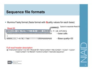 Sequence file formats
§  Illumina Fastq format (fasta format with Quality values for each base)
15
@EAS139:136:FC706VJ:2:5:1000:12850 1:Y:18:ATCACG
AAAAAAAAAAAAAAAAAAAAAAAAAAAAAAAAAAAA - base calls
+
BBBBCCCC?<A?BC?7@@???????DBBA@@@@A@@ - Base quality+33
Full read header description"
@ <instrument-name>:<run ID>:<flowcell ID>:<lane-number>:<tile-number>: <x-pos>: <y-pos>
<read number>:<is filtered>:<control number>:<barcode sequence>
Space to separate Read ID
Read ID "
 