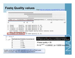 Fastq Quality values
16
Quality scores are normally expected up to 40 in a Phred scale.
ASCII characters <http://en.wikipedia.org/wiki/ASCII>
BBBBCCCC?<A?BC?7@@???????DBBA@@@@A@@ "
The highest base quality score in this sequence: ‘D’=(68-33)=35
From http://en.wikipedia.org/wiki/FASTQ_format
= 0.00032 (or 1/3200 incorrect)P=10
-35/10
If base quality = 35
 
