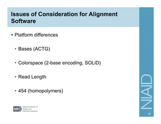 Issues of Consideration for Alignment
Software
§  Platform differences
•  Bases (ACTG)
•  Colorspace (2-base encoding, SOLiD)
•  Read Length
•  454 (homopolymers)
24
 