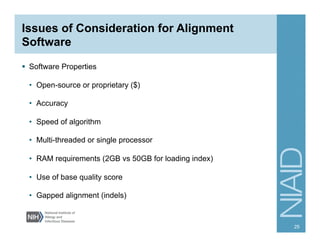 Issues of Consideration for Alignment
Software
§  Software Properties
•  Open-source or proprietary ($)
•  Accuracy
•  Speed of algorithm
•  Multi-threaded or single processor
•  RAM requirements (2GB vs 50GB for loading index)
•  Use of base quality score
•  Gapped alignment (indels)
25
 