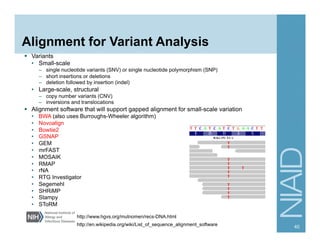 Alignment for Variant Analysis
§  Variants
•  Small-scale
–  single nucleotide variants (SNV) or single nucleotide polymorphism (SNP)
–  short insertions or deletions
–  deletion followed by insertion (indel)
•  Large-scale, structural
–  copy number variants (CNV)
–  inversions and translocations
§  Alignment software that will support gapped alignment for small-scale variation
•  BWA (also uses Burroughs-Wheeler algorithm)
•  Novoalign
•  Bowtie2
•  GSNAP
•  GEM
•  mrFAST
•  MOSAIK
•  RMAP
•  rNA
•  RTG Investigator
•  Segemehl
•  SHRiMP
•  Stampy
•  SToRM
40http://en.wikipedia.org/wiki/List_of_sequence_alignment_software
http://www.hgvs.org/mutnomen/recs-DNA.html
 