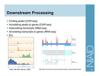 Downstream Processing
§  Finding peaks (ChIP-seq)
§  Annotating peaks to genes (ChIP-seq)
§  Assembling transcripts (RNA-seq)
§  Annotating transcripts to genes (RNA-seq)
§  Etc.
52Park, Nat Rev Genet, 2009 http://grimmond.imb.uq.edu.au/mammalian_transcriptome.html
 