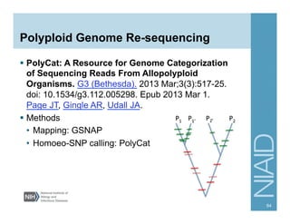 Polyploid Genome Re-sequencing
§  PolyCat: A Resource for Genome Categorization
of Sequencing Reads From Allopolyploid
Organisms. G3 (Bethesda). 2013 Mar;3(3):517-25.
doi: 10.1534/g3.112.005298. Epub 2013 Mar 1.
Page JT, Gingle AR, Udall JA.
§  Methods
•  Mapping: GSNAP
•  Homoeo-SNP calling: PolyCat
64
 