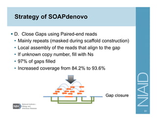 §  D. Close Gaps using Paired-end reads
•  Mainly repeats (masked during scaffold construction)
•  Local assembly of the reads that align to the gap
•  If unknown copy number, fill with Ns
•  97% of gaps filled
•  Increased coverage from 84.2% to 93.6%
91
Strategy of SOAPdenovo
 