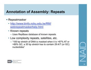 Annotation of Assembly: Repeats
§  Repeatmasker
•  http://www.binfo.ncku.edu.tw/RM/
webrepeatmaskerhelp.html
•  Known repeats
–  Uses RepBase database of known repeats
•  Low complexity repeats, satellites, etc.
–  “100 bp stretch of DNA is masked when it is >87% AT or
>89% GC, a 30 bp stretch has to contain 29 A/T (or GC)
nucleotides”
95
 