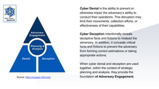 Cyber Denial is the ability to prevent or
otherwise impair the adversary’s ability to
conduct their operations. This disruption may
limit their movements, collection efforts, or
effectiveness of their capabilities.
Cyber Deception intentionally reveals
deceptive facts and fictions to mislead the
adversary. In addition, it conceals critical
facts and fictions to prevent the adversary
from forming correct estimations or taking
appropriate actions.
When cyber denial and deception are used
together, within the context of strategic
planning and analysis, they provide the
foundation of Adversary Engagement.
Source: https://engage.mitre.org/
 