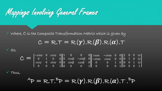 Mappings Involving General Frames
 Where, C is the Composite Transformation Matrix which is given by
C = R.T = R(𝜸).R(𝜷).R(𝜶).T
 So,
C =
 Thus,
A
P = R.T.B
P = R(𝜸).R(𝜷).R(𝜶).T .B
P
𝑐𝑜𝑠α −𝑠𝑖𝑛α 0 0
−𝑠𝑖𝑛α 𝑐𝑜𝑠α 0 0
0 0 1 0
0 0 0 1
−𝑠𝑖𝑛γ 0 𝑐𝑜𝑠γ 0
0 1 0 0
𝑐𝑜𝑠γ 0 𝑠𝑖𝑛γ 0
0 0 0 1
1 0 0 0
0 𝑐𝑜𝑠β −𝑠𝑖𝑛β 0
0 𝑠𝑖𝑛β 𝑐𝑜𝑠β 0
0 0 0 1
1 0 0 𝑡𝑥
0 1 0 𝑡𝑦
0 0 1 𝑡𝑧
0 0 0 1
 