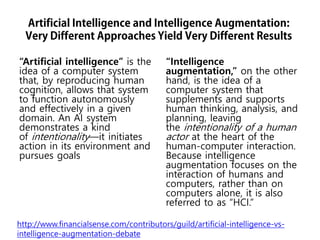Artificial Intelligence and Intelligence Augmentation:
Very Different Approaches Yield Very Different Results
“Artificial intelligence” is the
idea of a computer system
that, by reproducing human
cognition, allows that system
to function autonomously
and effectively in a given
domain. An AI system
demonstrates a kind
of intentionality—it initiates
action in its environment and
pursues goals
“Intelligence
augmentation,” on the other
hand, is the idea of a
computer system that
supplements and supports
human thinking, analysis, and
planning, leaving
the intentionality of a human
actor at the heart of the
human-computer interaction.
Because intelligence
augmentation focuses on the
interaction of humans and
computers, rather than on
computers alone, it is also
referred to as “HCI.”
http://www.financialsense.com/contributors/guild/artificial-intelligence-vs-
intelligence-augmentation-debate
 
