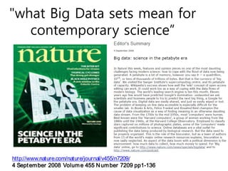http://www.nature.com/nature/journal/v455/n7209/
4 September 2008 Volume 455 Number 7209 pp1-136
"what Big Data sets mean for
contemporary science”
 