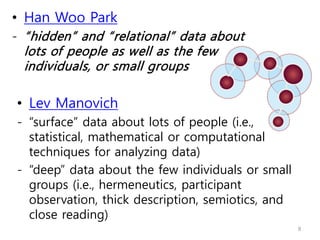 8
• Han Woo Park
- “hidden” and “relational” data about
lots of people as well as the few
individuals, or small groups
• Lev Manovich
- “surface” data about lots of people (i.e.,
statistical, mathematical or computational
techniques for analyzing data)
- “deep” data about the few individuals or small
groups (i.e., hermeneutics, participant
observation, thick description, semiotics, and
close reading)
 