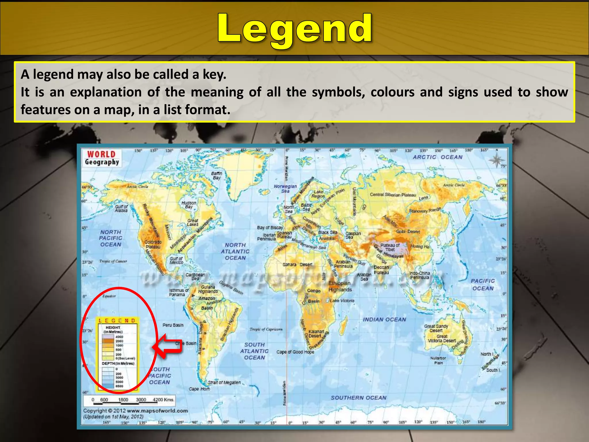 A legend may also be called a key.
It is an explanation of the meaning of all the symbols, colours and signs used to show
features on a map, in a list format.



 