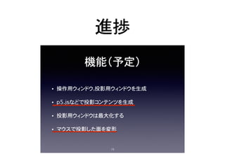進捗
機能（予定）
• 操作用ウィンドウ，投影用ウィンドウを生成
• p5.jsなどで投影コンテンツを生成
• 投影用ウィンドウは最大化する
• マウスで投影した面を変形
15
 