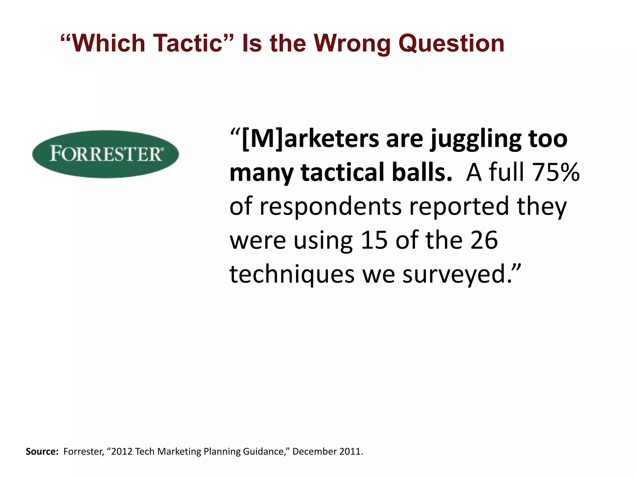 “Which Tactic” Is the Wrong Question 
“[M]arketers are juggling too 
many tactical balls. A full 75% 
of respondents reported they 
were using 15 of the 26 
techniques we surveyed.” 
Source: Forrester, “2012 Tech Marketing Planning Guidance,” December 2011. 
 