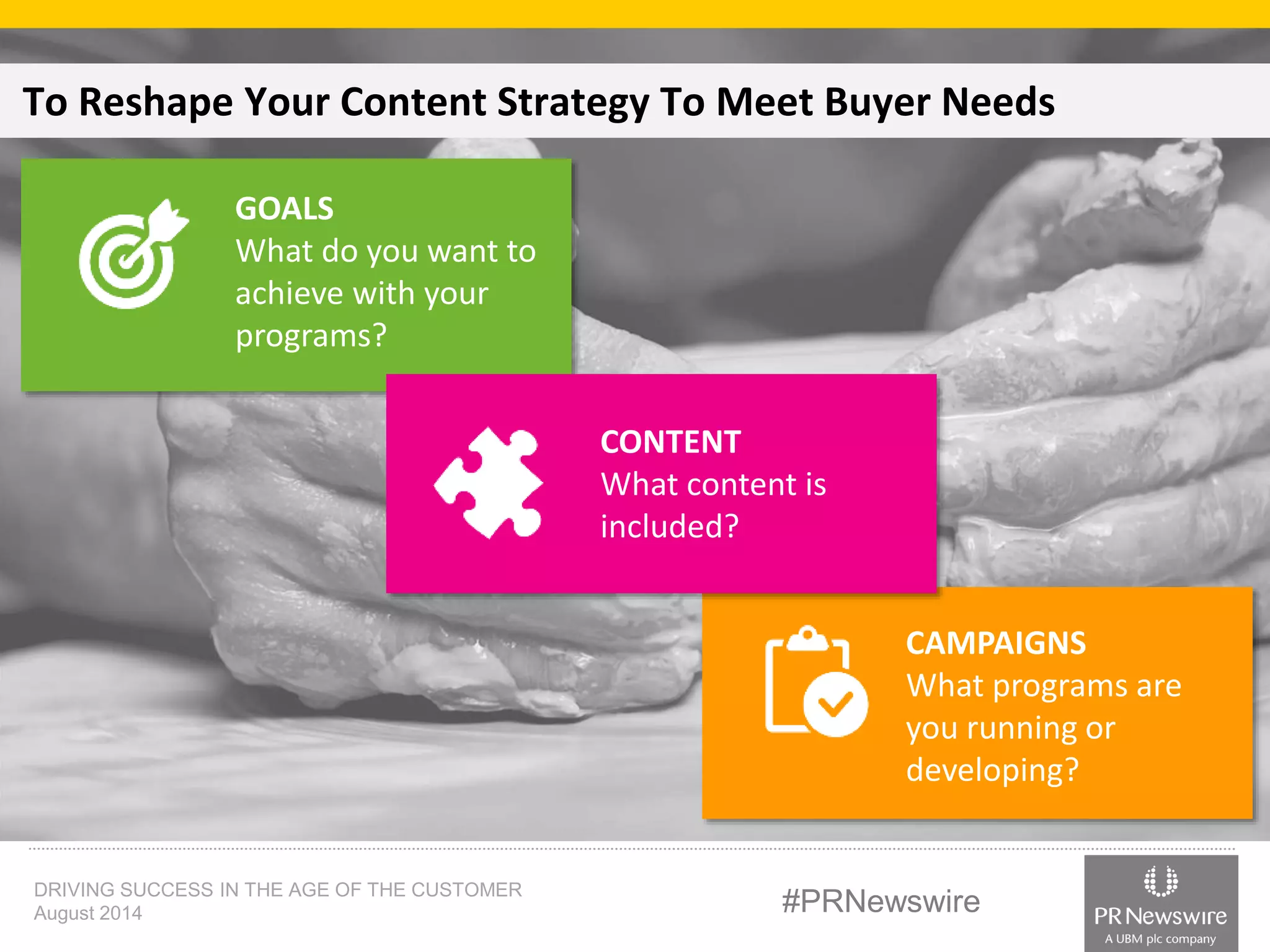To Reshape Your Content Strategy To Meet Buyer Needs 
GOALS 
What do you want to 
achieve with your 
programs? 
CAMPAIGNS 
What programs are 
you running or 
developing? 
CONTENT 
What content is 
included? 
DRIVING SUCCESS IN THE AGE OF THE CUSTOMER 
August 2014 #PRNewswire 
 
