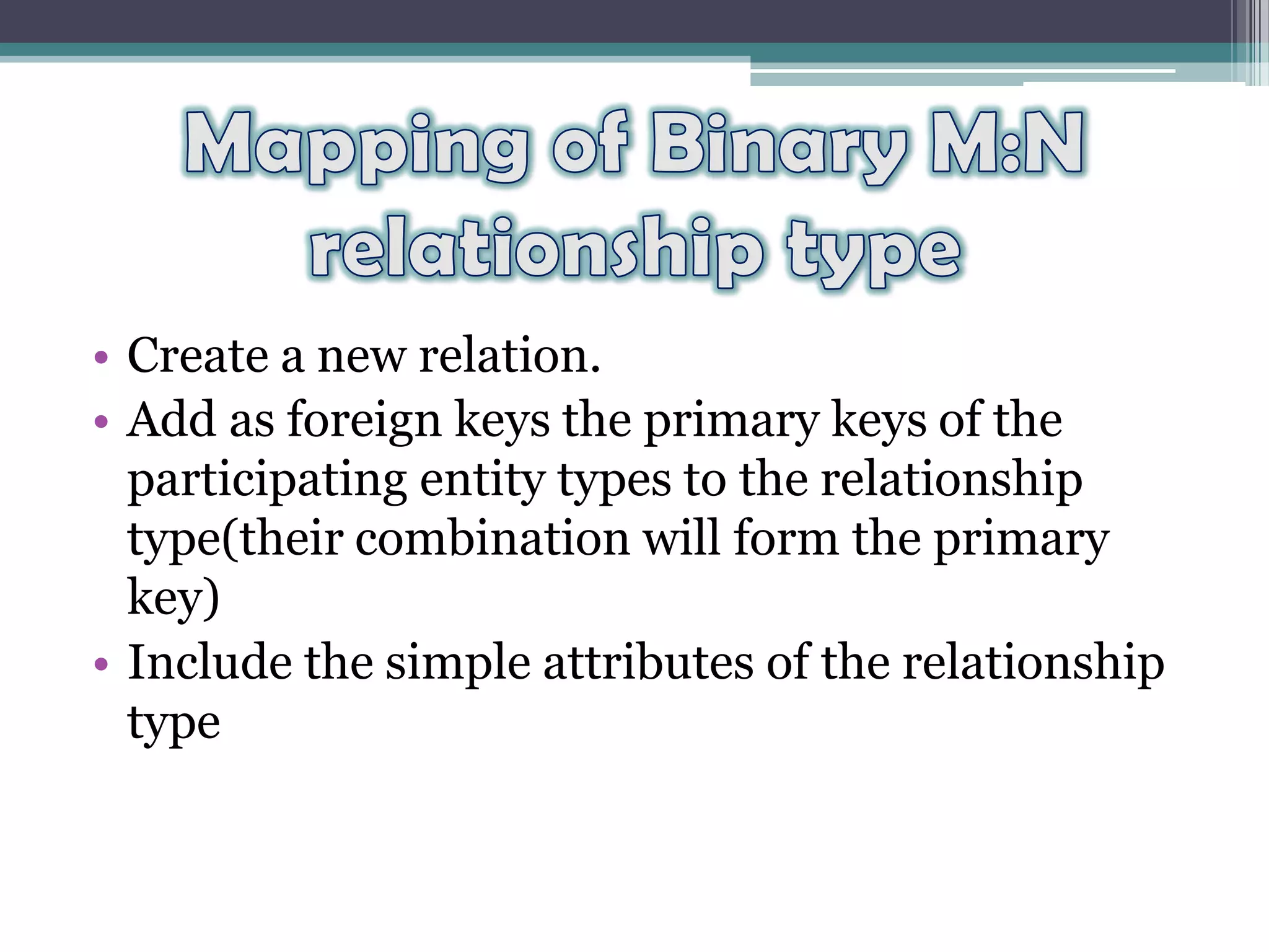 • Create a new relation.
• Add as foreign keys the primary keys of the
participating entity types to the relationship
type(their combination will form the primary
key)
• Include the simple attributes of the relationship
type
 