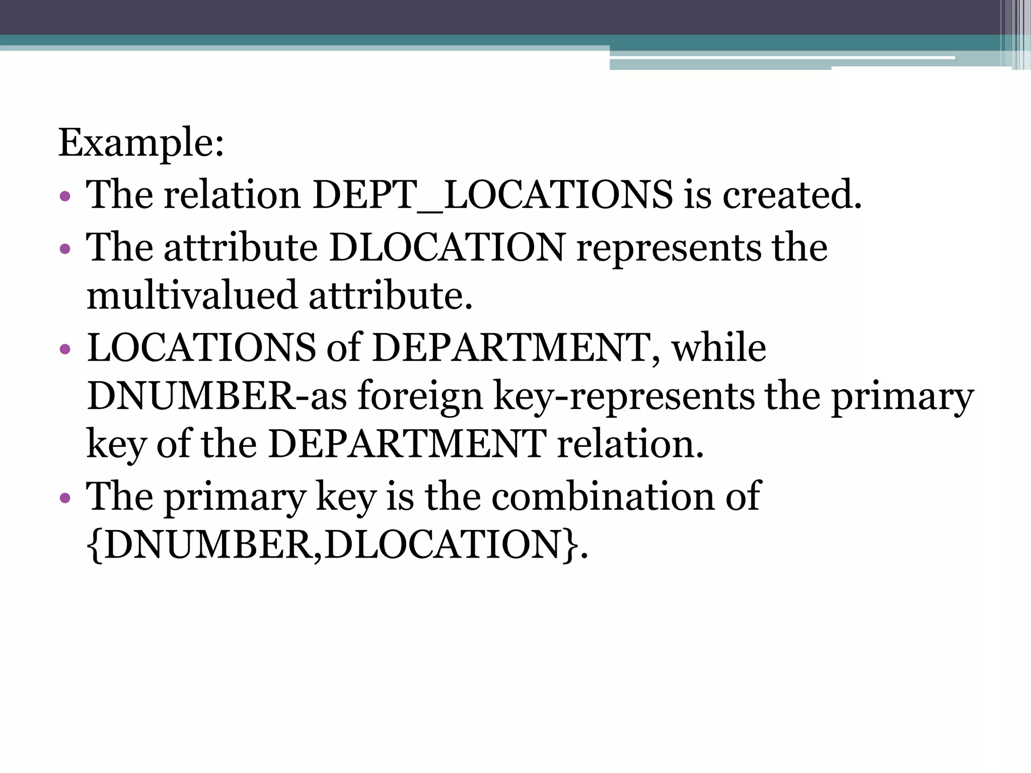 Example:
• The relation DEPT_LOCATIONS is created.
• The attribute DLOCATION represents the
multivalued attribute.
• LOCATIONS of DEPARTMENT, while
DNUMBER-as foreign key-represents the primary
key of the DEPARTMENT relation.
• The primary key is the combination of
{DNUMBER,DLOCATION}.
 