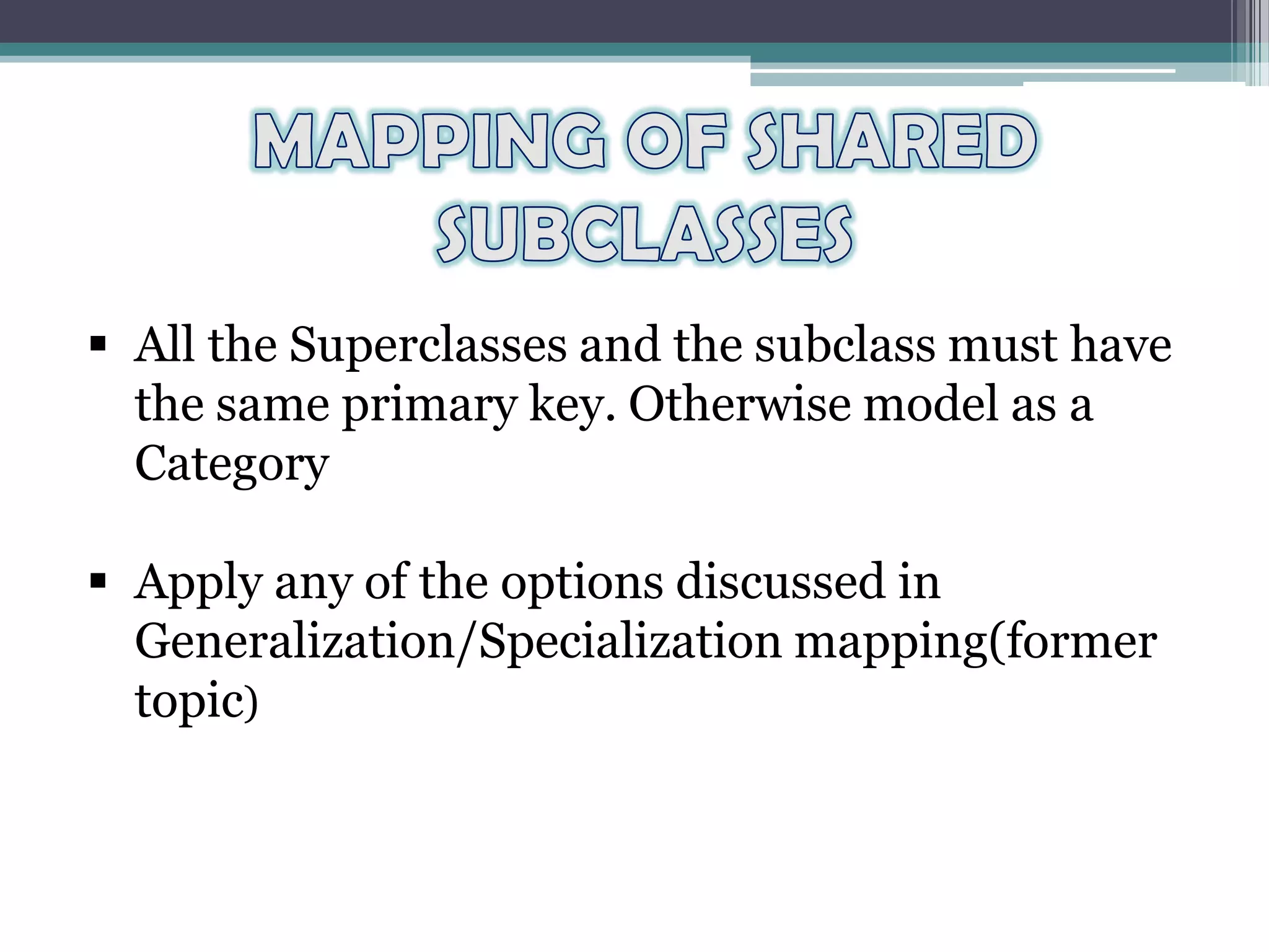  All the Superclasses and the subclass must have
the same primary key. Otherwise model as a
Category
 Apply any of the options discussed in
Generalization/Specialization mapping(former
topic)
 