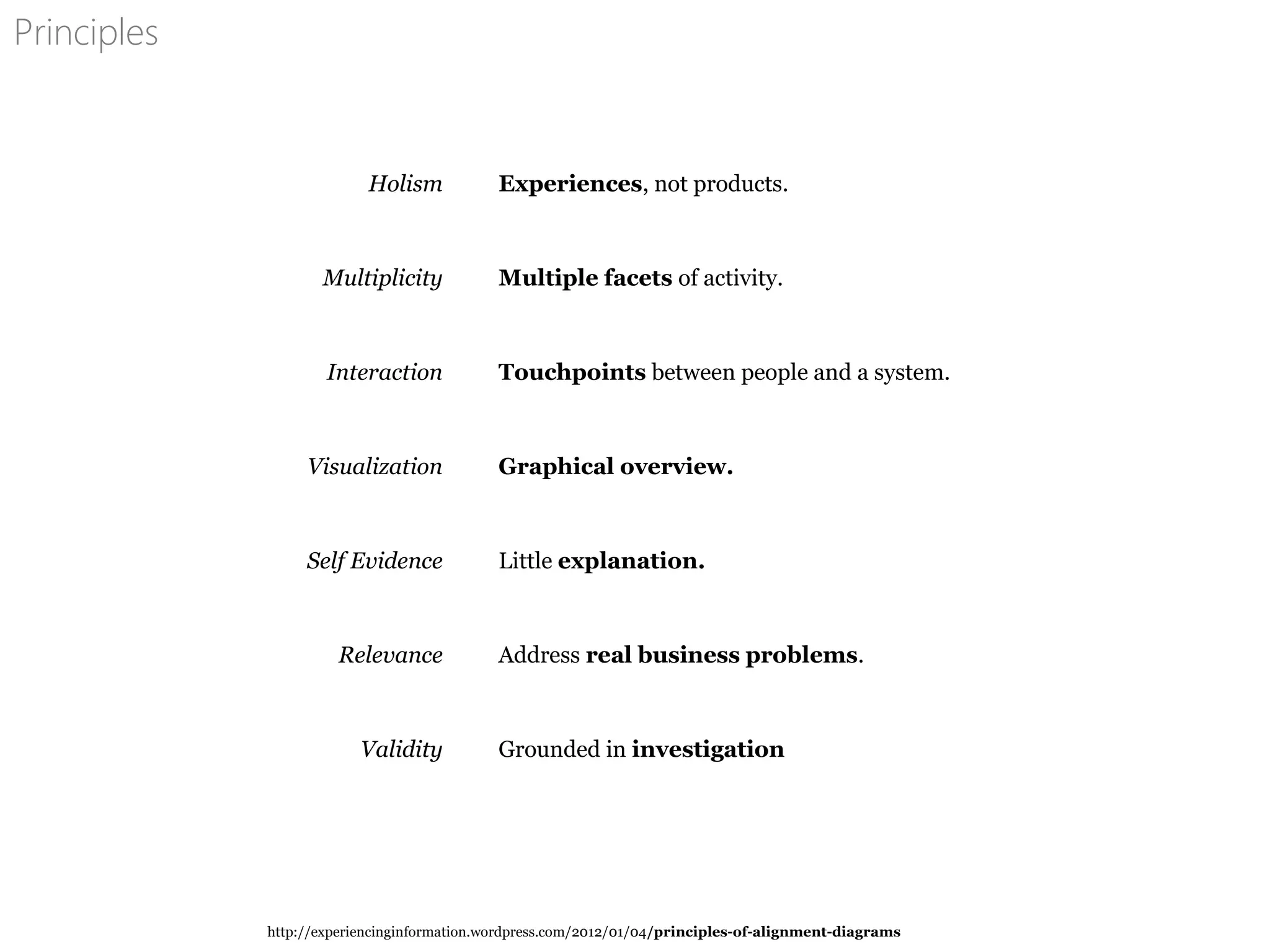 Holism Experiences, not products.
Multiplicity Multiple facets of activity.
Interaction Touchpoints between people and a system.
Visualization Graphical overview.
Self Evidence Little explanation.
Relevance Address real business problems.
Validity Grounded in investigation
http://experiencinginformation.wordpress.com/2012/01/04/principles-of-alignment-diagrams
Principles
 