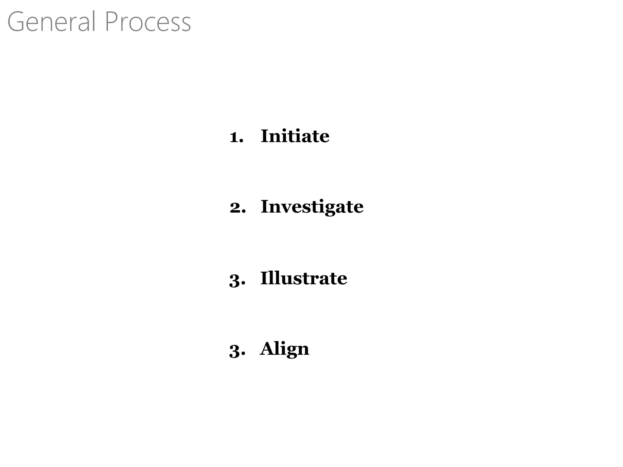 1. Initiate
2. Investigate
General Process
3. Illustrate
3. Align
 
