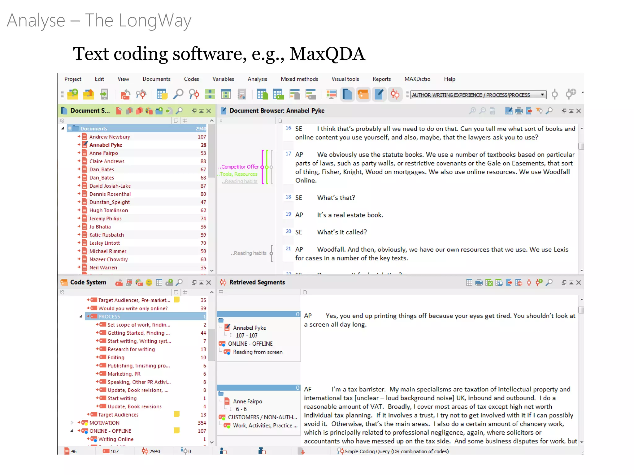 Text coding software, e.g., MaxQDA
Analyse – The LongWay
 