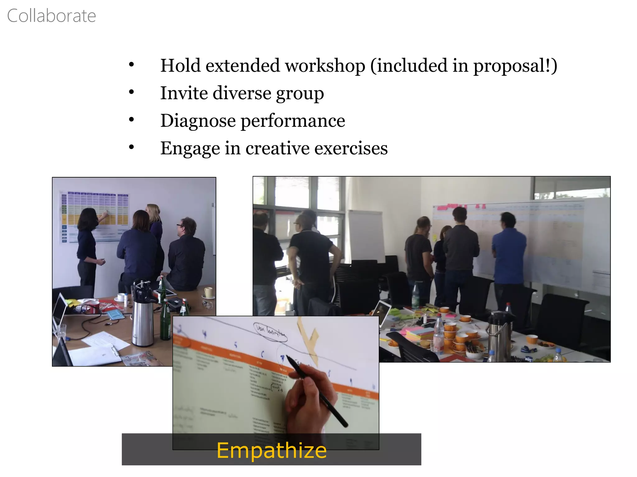 Collaborate
• Hold extended workshop (included in proposal!)
• Invite diverse group
• Diagnose performance
• Engage in creative exercises
Empathize
 