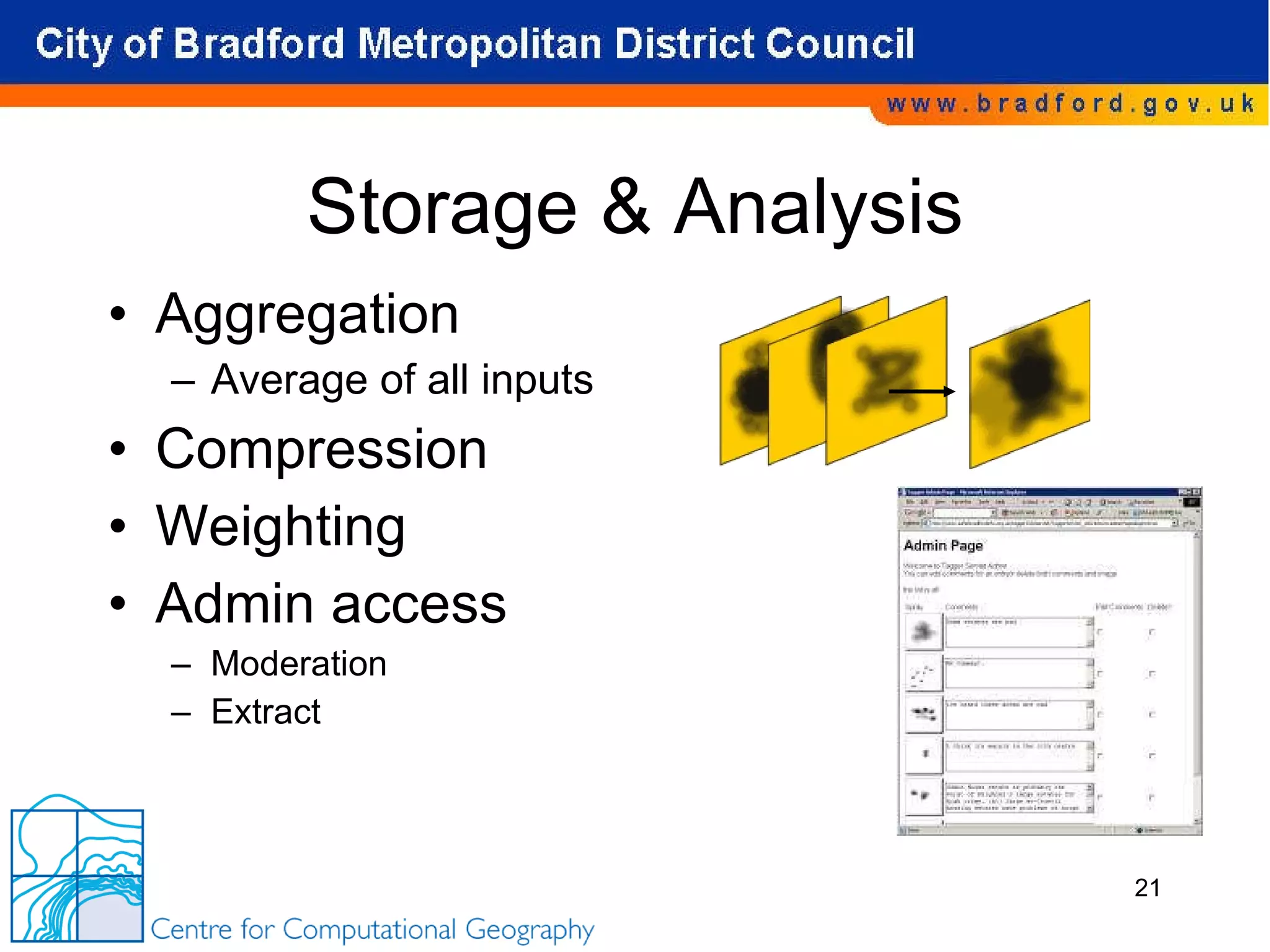 Storage & Analysis Aggregation Average of all inputs Compression Weighting Admin access Moderation Extract 