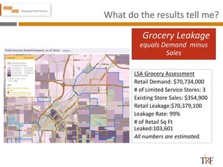 What do the results tell me?
•Grocery Leakage
equals Demand minus
Sales
LSA Grocery Assessment
Retail Demand: $70,734,000
# of Limited Service Stores: 3
Existing Store Sales: $354,900
Retail Leakage:$70,379,100
Leakage Rate: 99%
# of Retail Sq Ft
Leaked:103,601
All numbers are estimated.
 