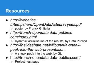Resources
● http://webatlas.
  fr/tempshare/OpenDataActeursTypes.pdf
   ○ poster by Franck Ghitalla
● http://french-opendata.data-publica.
  com/index.html
   ○ dynamic visualisation of the results, by Data Publica
● http://fr.slideshare.net/willounet/a-sneak-
  peek-into-the-web-presentation,
   ○ A sneak peek into the web, by GL
● http://french-opendata.data-publica.com/
   ○ Project host page
 