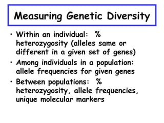 Measuring Genetic Diversity
• Within an individual: %
heterozygosity (alleles same or
different in a given set of genes)
• Among individuals in a population:
allele frequencies for given genes
• Between populations: %
heterozygosity, allele frequencies,
unique molecular markers
 