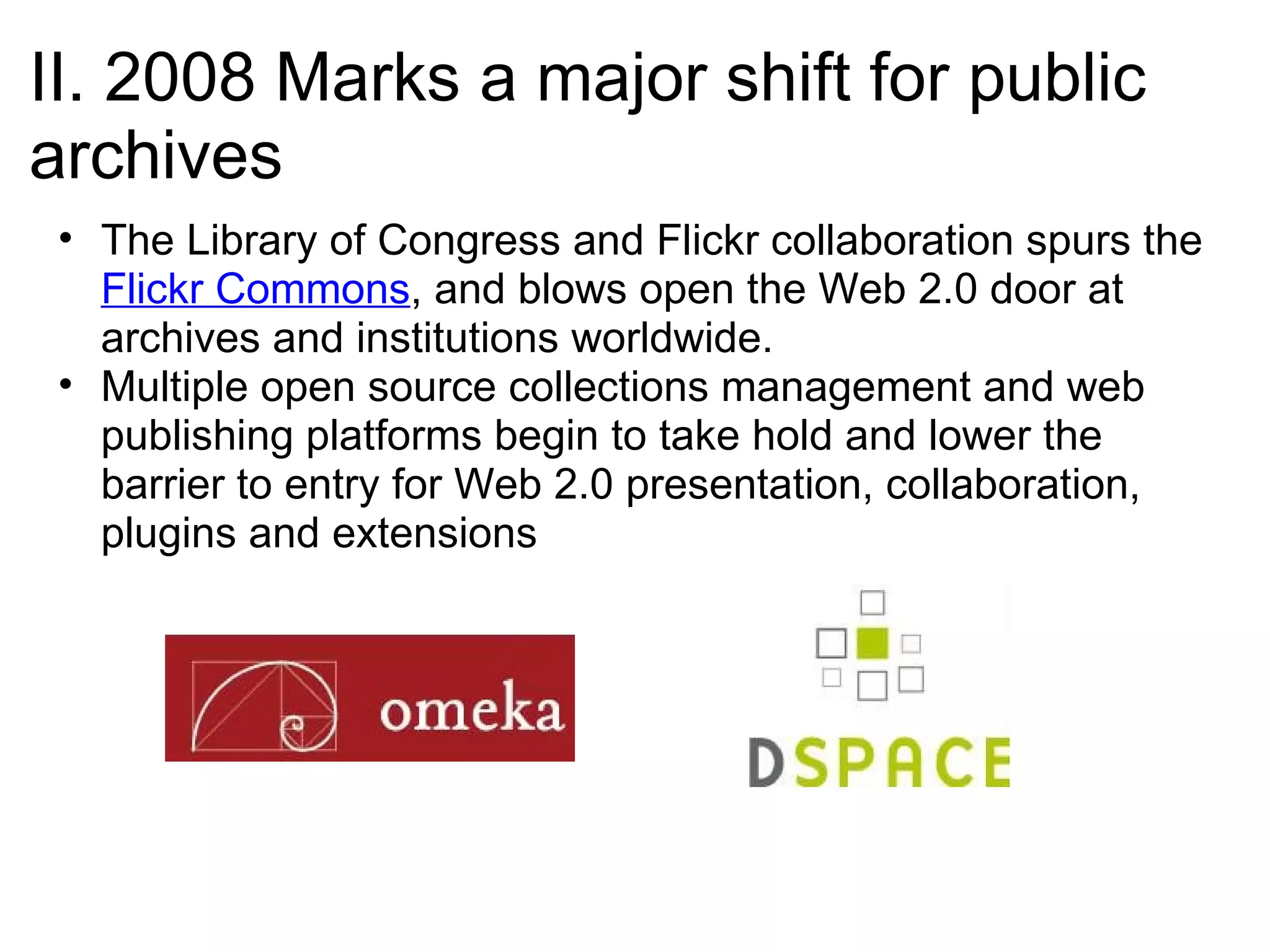 Including a new public/private collaboration focused on bridging silo archives which will: create a centralized database built on an open source platform to collect image urls and metadata of source material use public engagement strategies to solicit community input to increase traffic to the archives and add value to the data make the data searchable and available to other web applications via an application programming interface (API) 