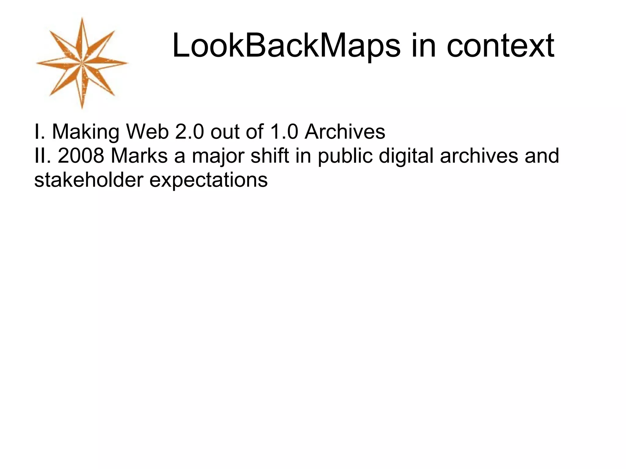 SF Public Library History Center http://sfpl.org/librarylocations/sfhistory/map.htm Example of how CMS systems have been modified Incorporates some basic geographical sorting, but not based on geotags. 