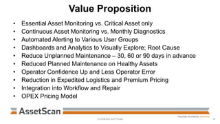 Value Proposition
• Essential Asset Monitoring vs. Critical Asset only
• Continuous Asset Monitoring vs. Monthly Diagnostics
• Automated Alerting to Various User Groups
• Dashboards and Analytics to Visually Explore; Root Cause
• Reduce Unplanned Maintenance – 30, 60 or 90 days in advance
• Reduced Planned Maintenance on Healthy Assets
• Operator Confidence Up and Less Operator Error
• Reduction in Expedited Logistics and Premium Pricing
• Integration into Workflow and Repair
• OPEX Pricing Model
Confidential and Private 34
 