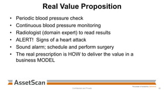 Real Value Proposition
• Periodic blood pressure check
• Continuous blood pressure monitoring
• Radiologist (domain expert) to read results
• ALERT! Signs of a heart attack
• Sound alarm; schedule and perform surgery
• The real prescription is HOW to deliver the value in a
business MODEL
Confidential and Private 38
 